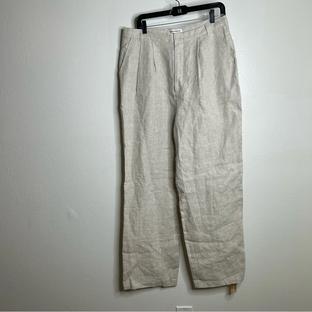 NEW Reformation Alex 100% Linen Trouser Pant In Oatmeal Size 12